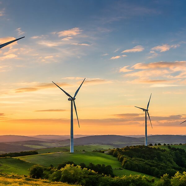 Eine Reihe an Windrädern steht auf einem Hügel.