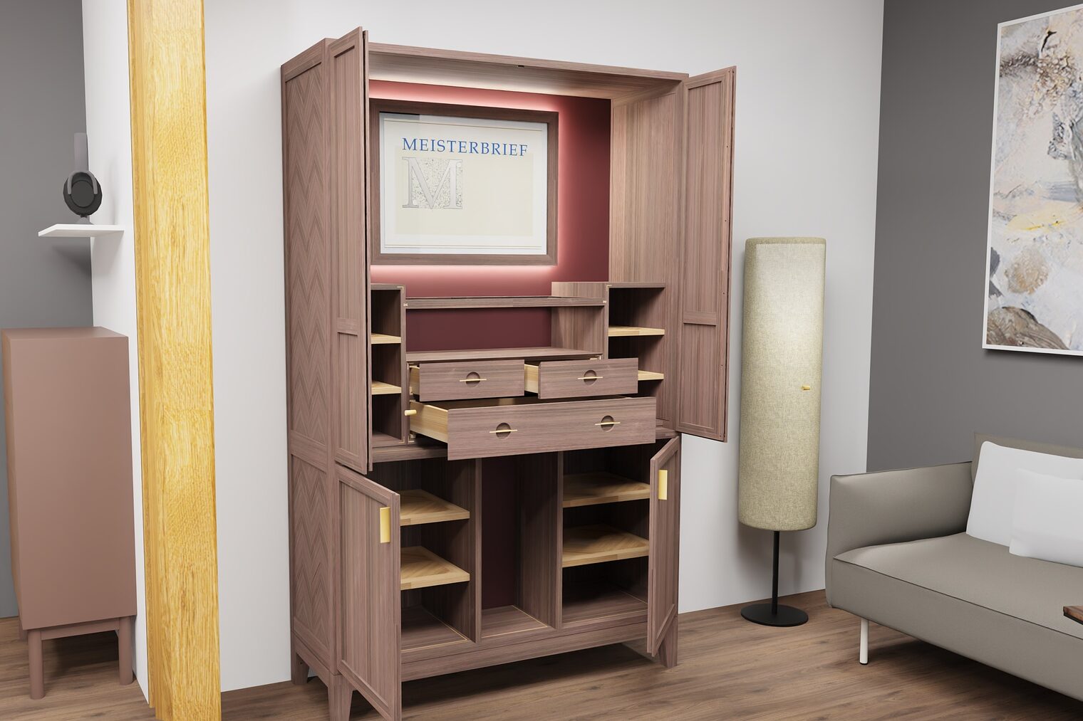 Visualisierung des Meisterstücks Vitrina di Valore in einem simulierten Wohnzimmer