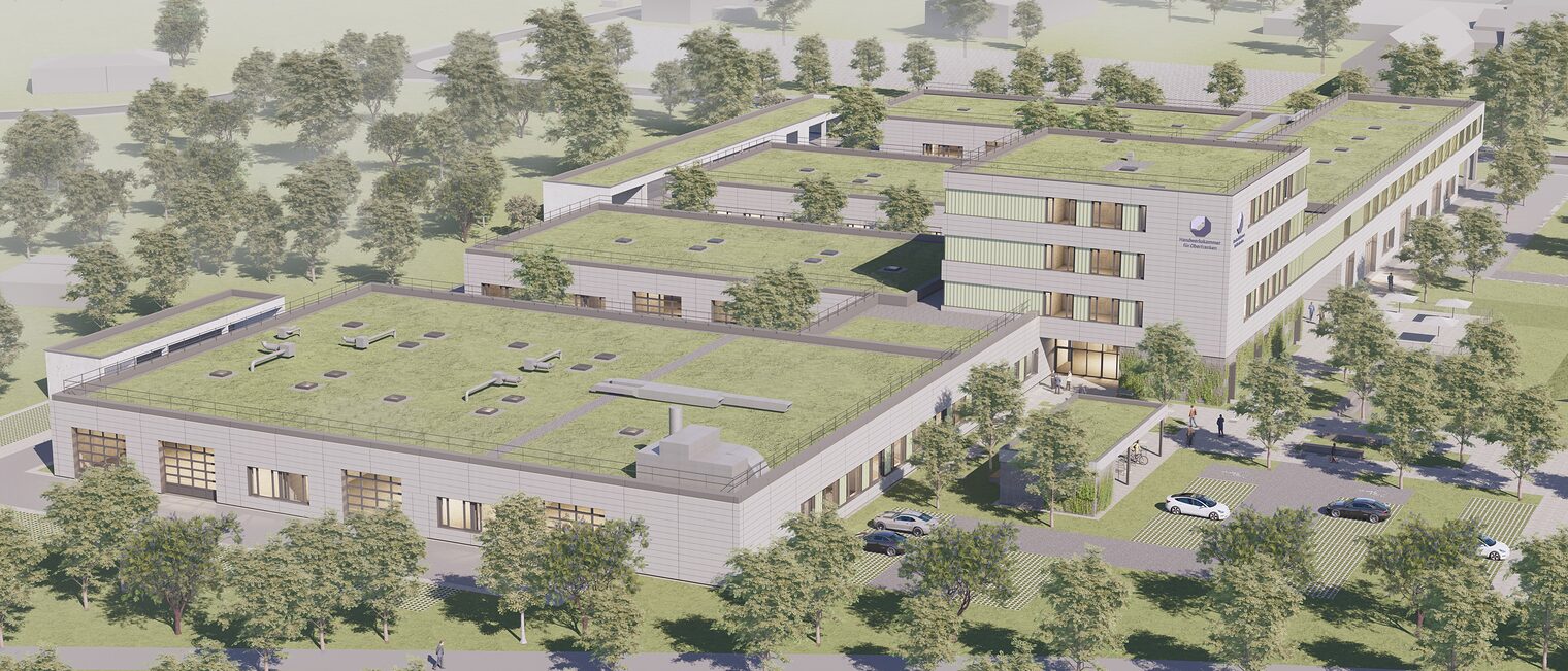 Visualisierung des geplanten Bildungszentrums Bamberg als Luftaufnahme