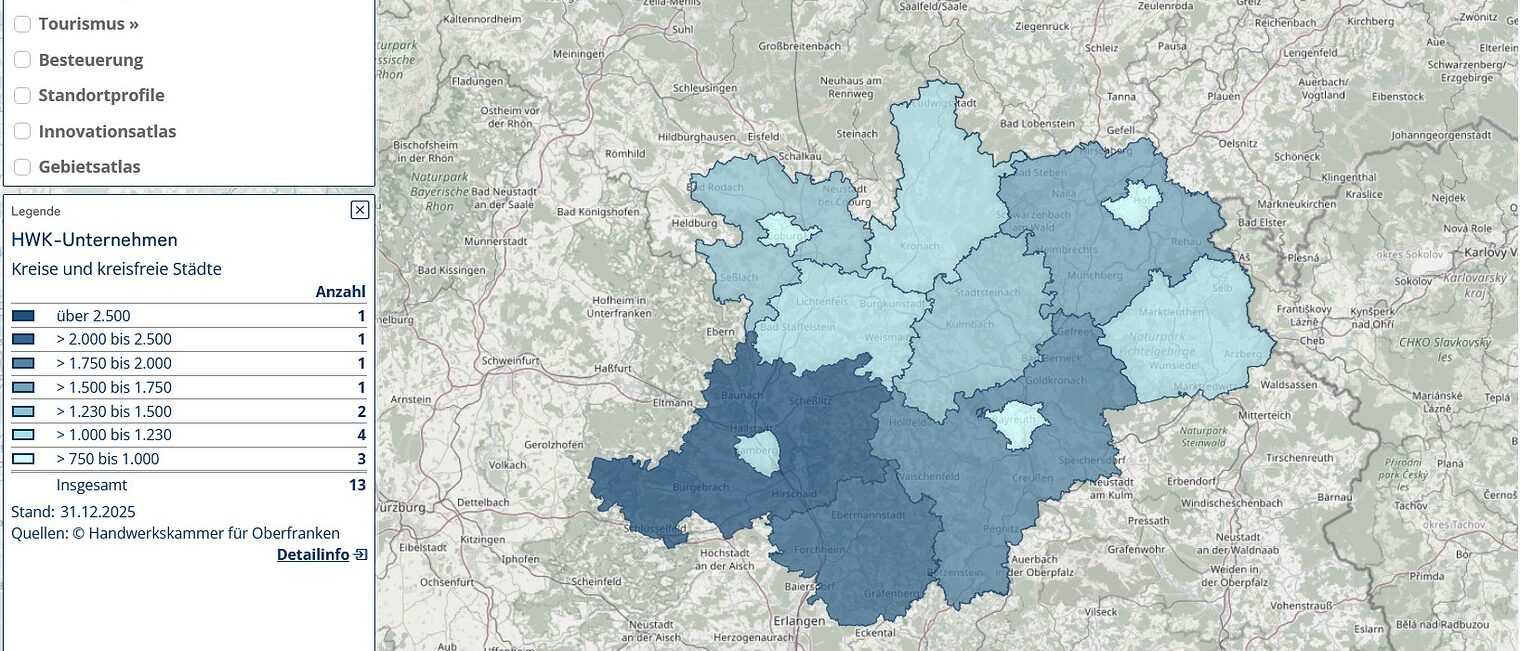 Gefilterte Ansicht des Wirtschaftsatlasses Oberfranken mit Fokus auf HWK-Betriebe