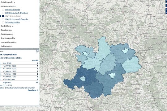 Gefilterte Ansicht des Wirtschaftsatlasses Oberfranken mit Fokus auf HWK-Betriebe