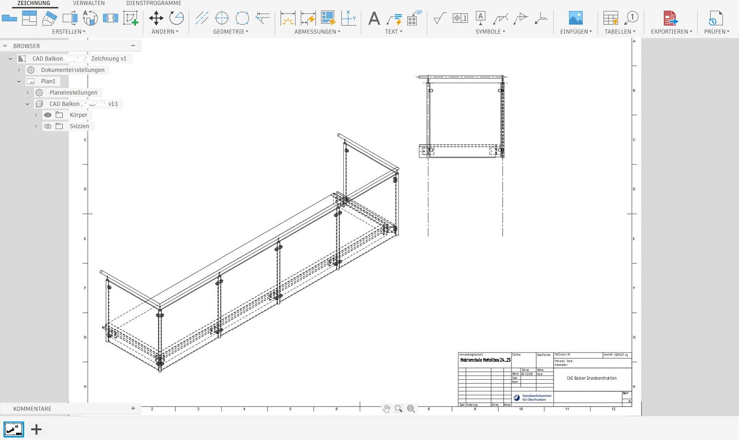 Modellansicht der Grundkonstruktion eines Balkons in einem CAD-Programm