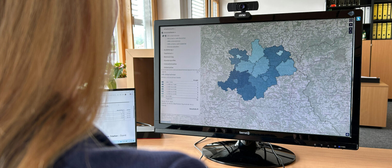 Eine Frau sieht sich den oberfränkischen Wirtschaftsatlas auf dem Computer an.