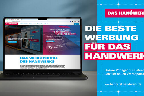 Collage mit einem Laptop und dem Slogan Die beste Werbung für das Handwerk