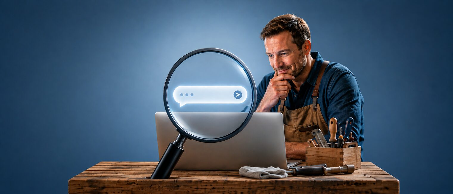 Collage eines Handwerkers am Laptop während eine Lupe ein Suchfeld eines KI-Chatbots anzeigt