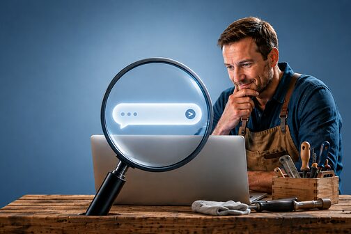 Collage eines Handwerkers am Laptop während eine Lupe ein Suchfeld eines KI-Chatbots anzeigt