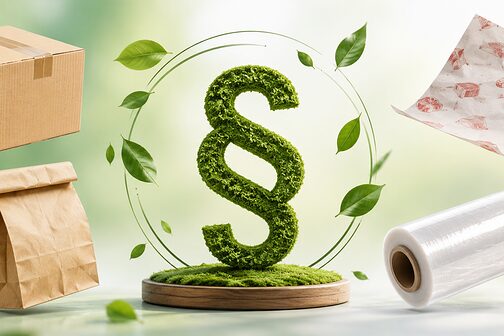 Grafik mit einem Paragraphensymbol in Grasoptik mit einem Transportkarton, einer Papiertüte einem Einschlagpapier und einer Rolle Schutzfolie