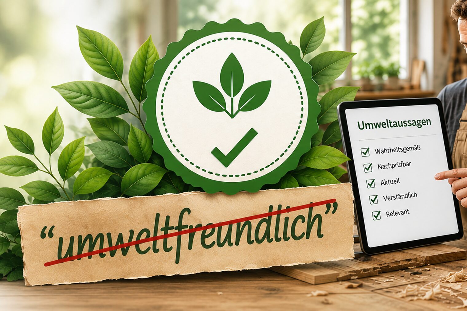 Grafik mit einem Nachhaltigkeitssiegel, dem durchgestrichenen Wort "umweltfreundlich" und einem Handwerker mit einer Checkliste zu Umweltaussagen