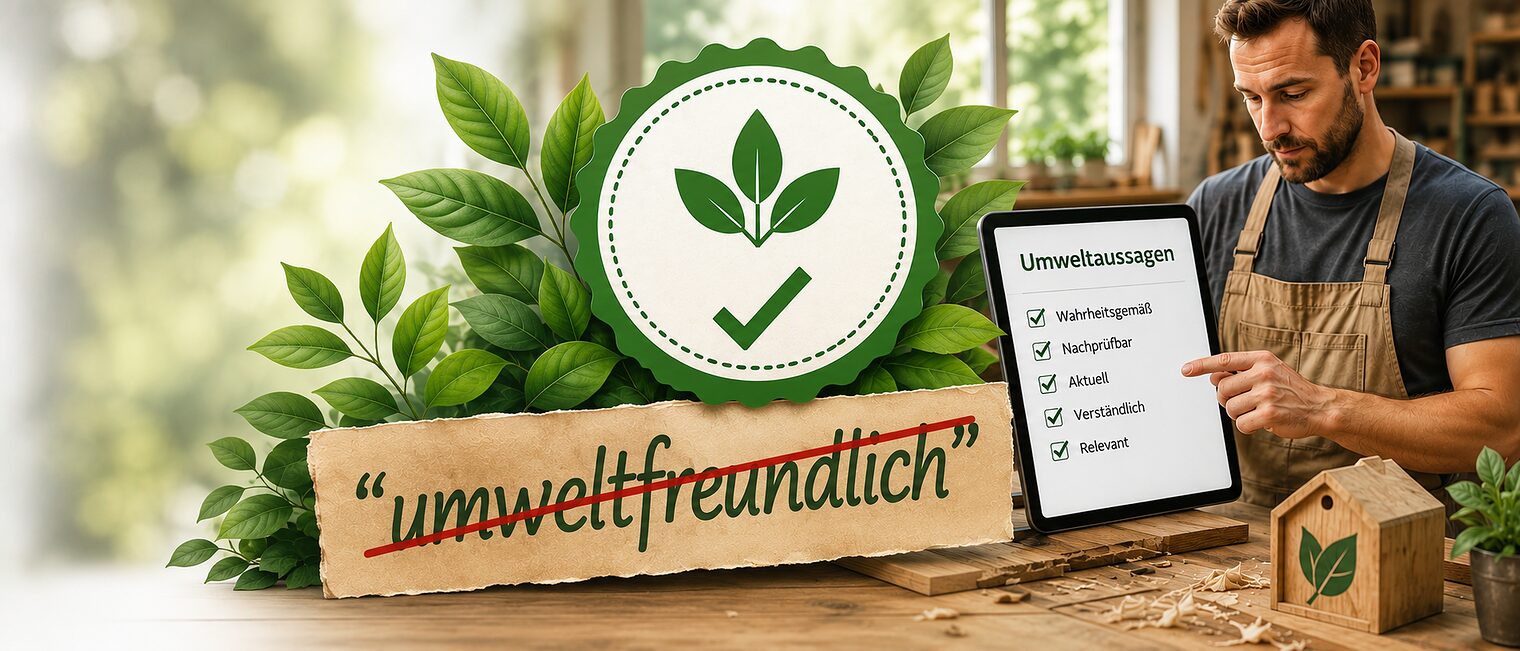 Grafik mit einem Nachhaltigkeitssiegel, dem durchgestrichenen Wort "umweltfreundlich" und einem Handwerker mit einer Checkliste zu Umweltaussagen