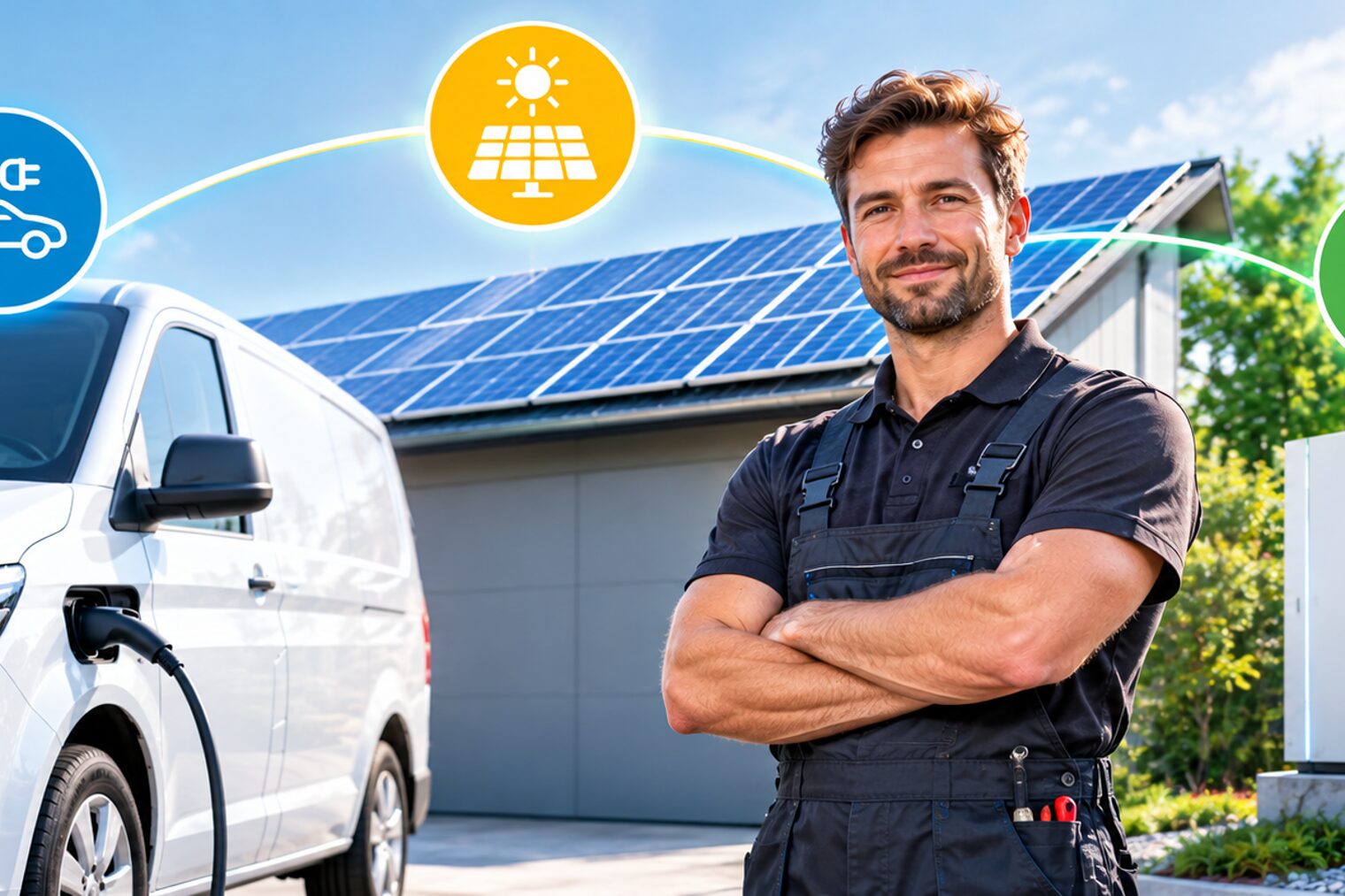 Ein Handwerker steht vor seinem Betrieb und lädt sein E-Auto aus seinem Energiespeicher, der durch eine Photovoltaikanlage geladen wird.