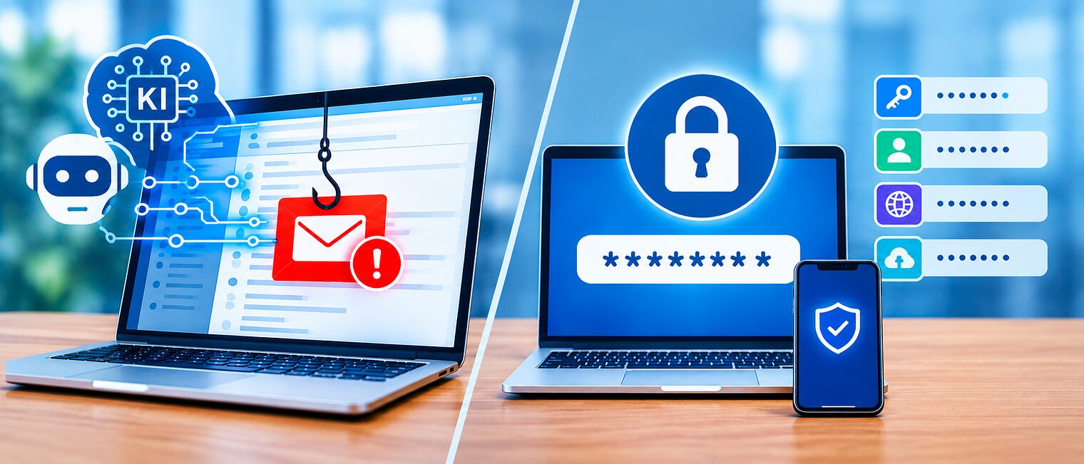 Collage eines Laptops mit Warnmeldung vor Phishing-Mail mit KI-Symbol und Laptop mit stilisiertem Passwortmanager 
