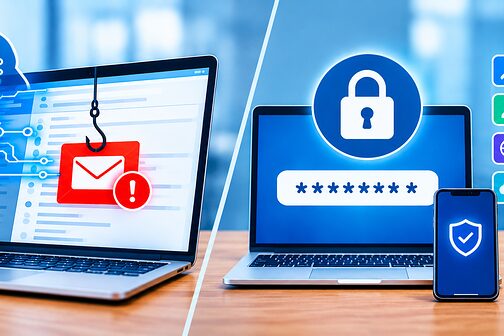 Collage eines Laptops mit Warnmeldung vor Phishing-Mail mit KI-Symbol  und Laptop mit stilisiertem Passwortmanager