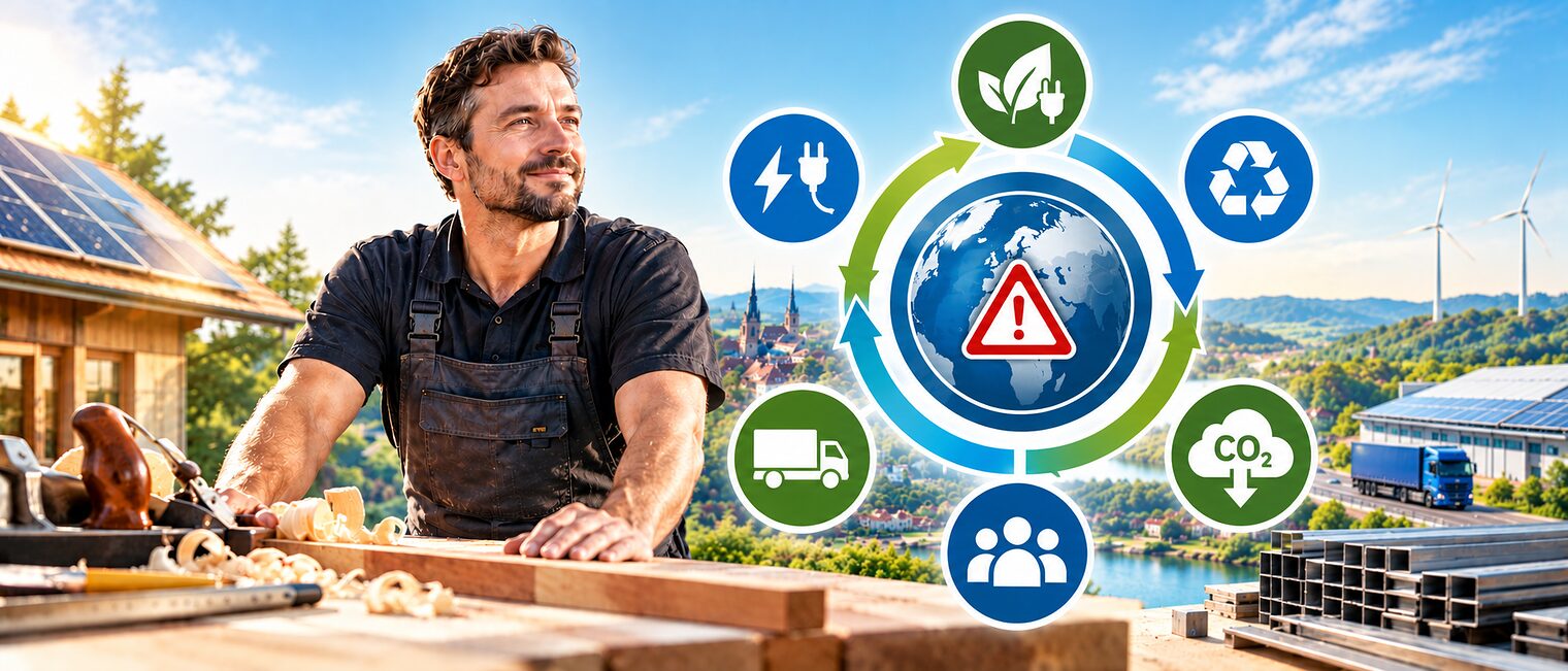 Grafik eines Tischlers mit Symbolen rund um Kreislaufwirtschaft und nachhaltiges Wirtschaften