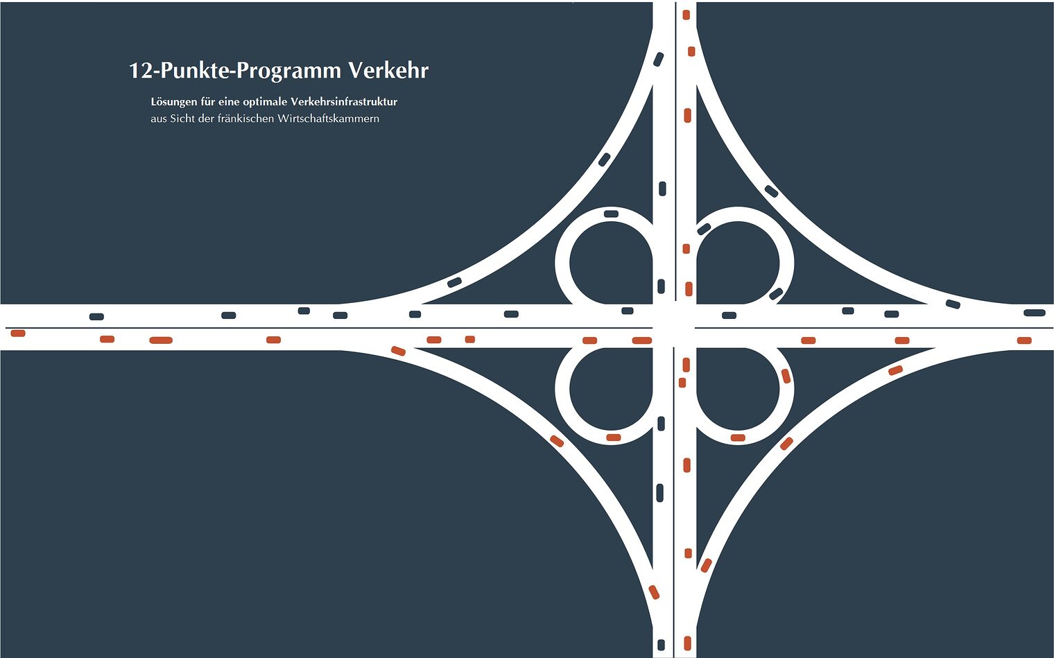 Busy highway road junction. Urban road traffic with cars top view. Overhead view of transport vector illustration. Minimalistic banner.